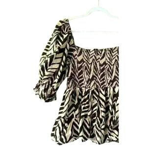 Womens 2X Top Zebra Print Smocked Peplum Blouse Square Neck Puff Sleeve Bohemian